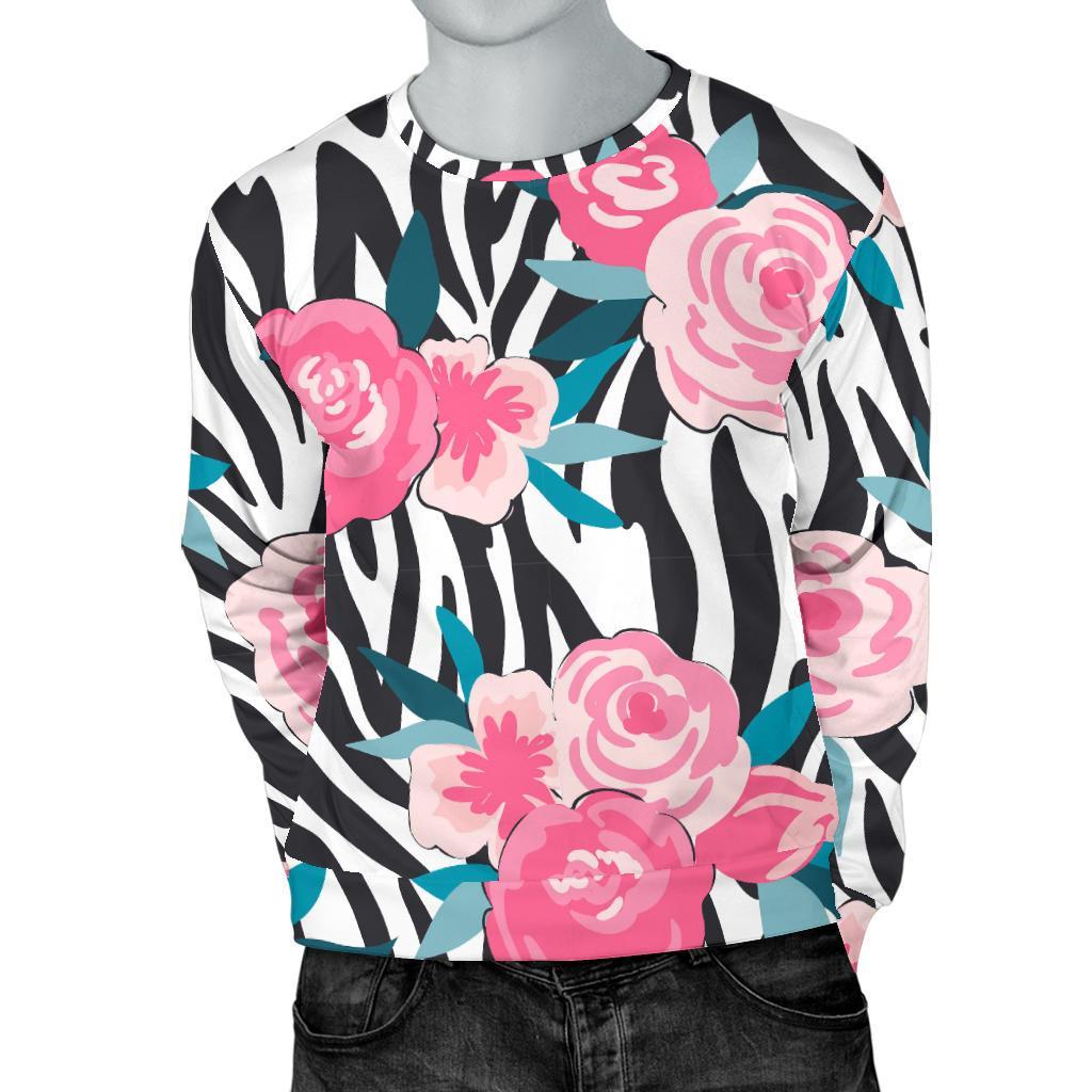 Black White Zebra Floral Pattern Print Men's Crewneck Sweatshirt GearFrost