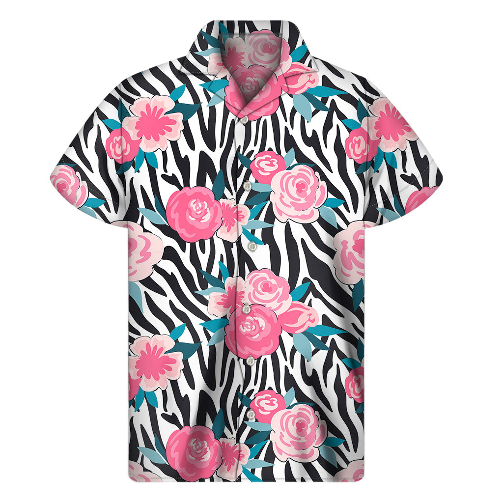 Black White Zebra Floral Pattern Print Men's Short Sleeve Shirt