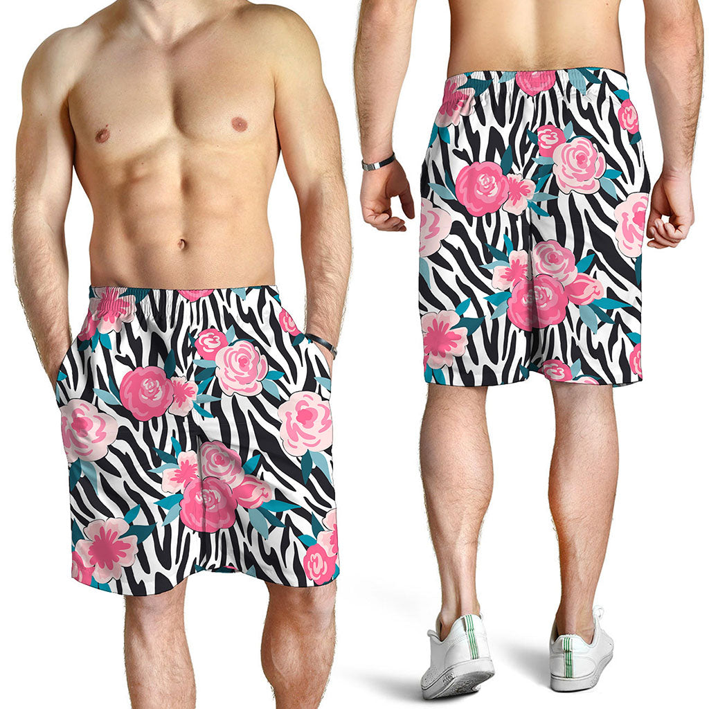 Black White Zebra Floral Pattern Print Men's Shorts