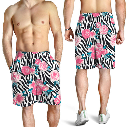Black White Zebra Floral Pattern Print Men's Shorts