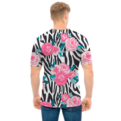 Black White Zebra Floral Pattern Print Men's T-Shirt