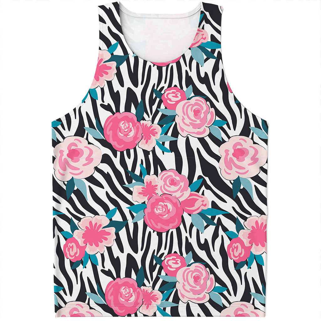 Black White Zebra Floral Pattern Print Men's Tank Top