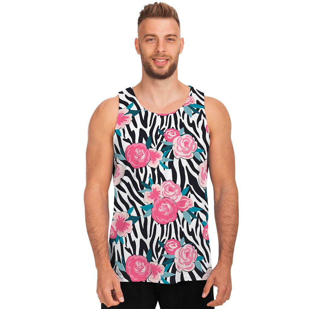 Black White Zebra Floral Pattern Print Men's Tank Top