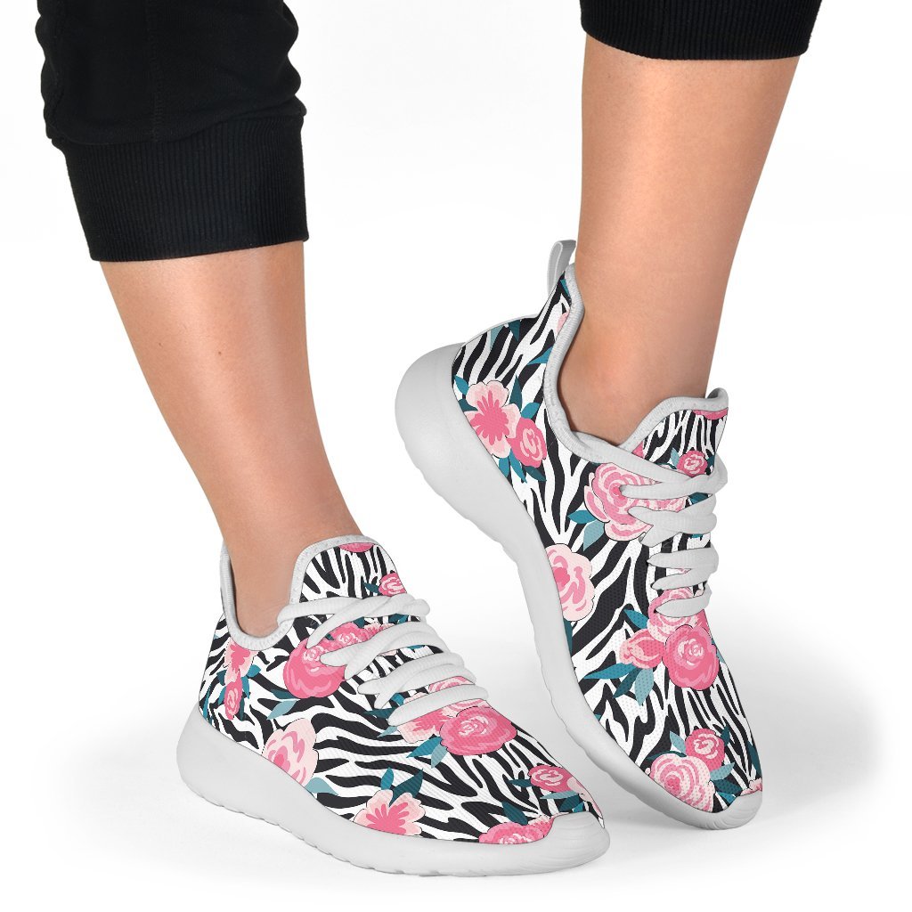 Black White Zebra Floral Pattern Print Mesh Knit Shoes GearFrost