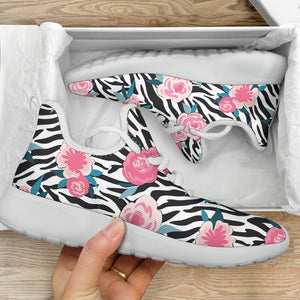 Black White Zebra Floral Pattern Print Mesh Knit Shoes GearFrost