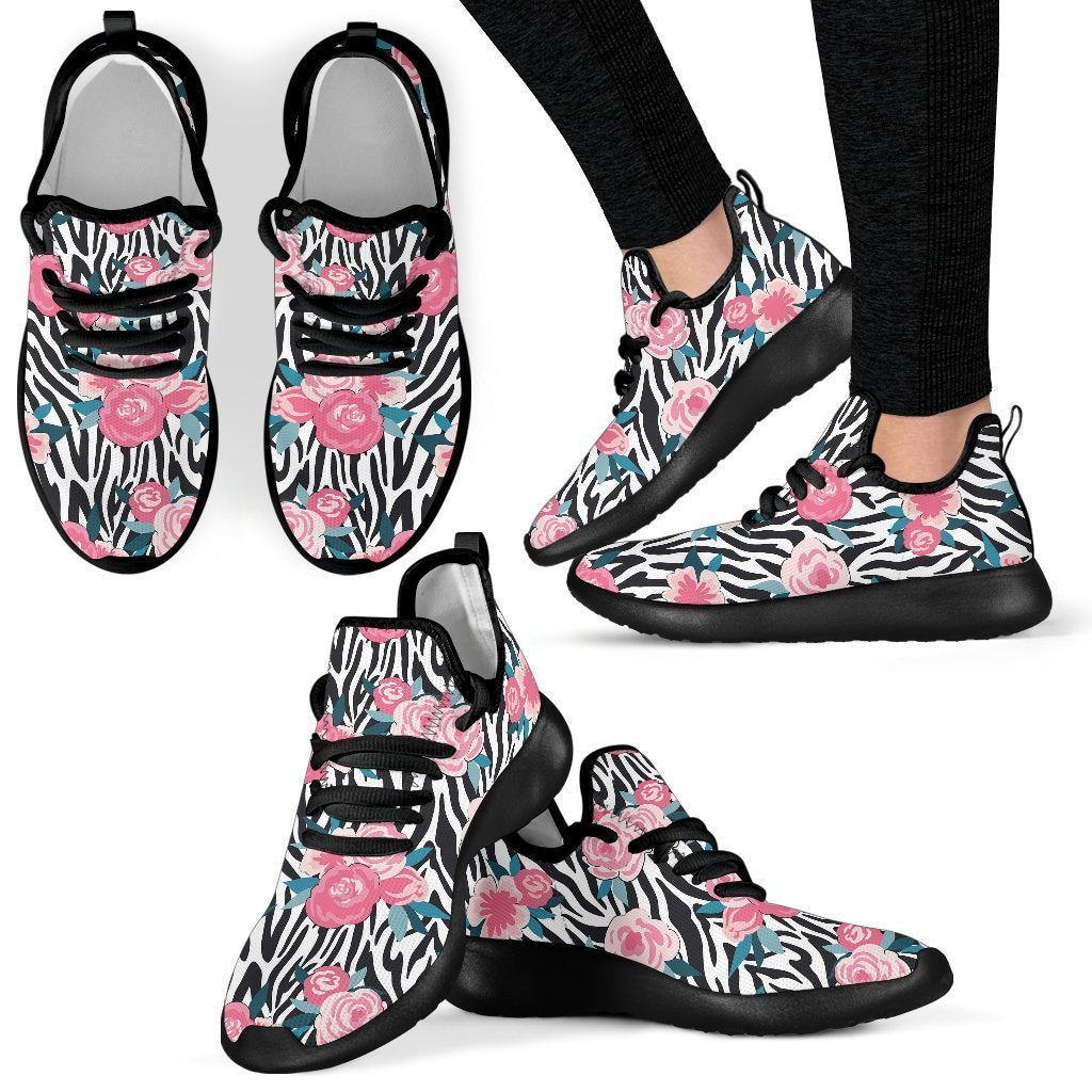 Black White Zebra Floral Pattern Print Mesh Knit Shoes GearFrost