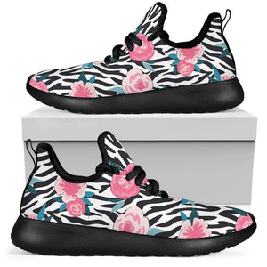 Black White Zebra Floral Pattern Print Mesh Knit Shoes GearFrost