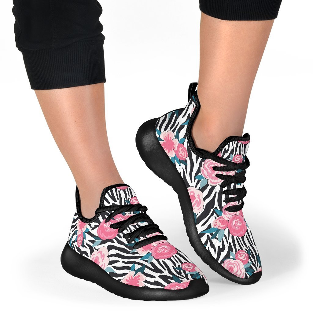 Black White Zebra Floral Pattern Print Mesh Knit Shoes GearFrost