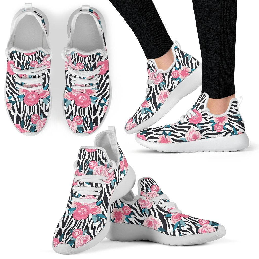 Black White Zebra Floral Pattern Print Mesh Knit Shoes GearFrost