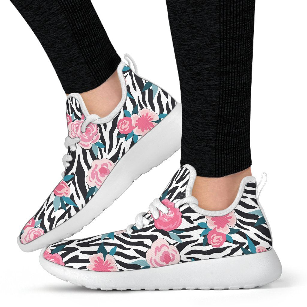 Black White Zebra Floral Pattern Print Mesh Knit Shoes GearFrost