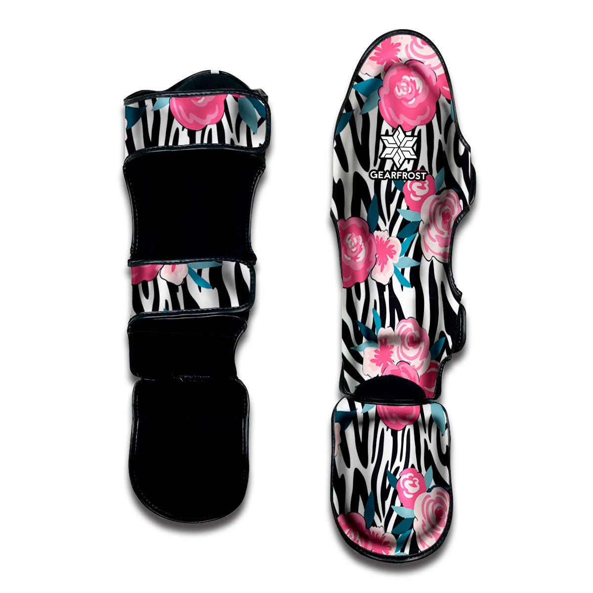 Black White Zebra Floral Pattern Print Muay Thai Shin Guard