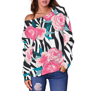 Black White Zebra Floral Pattern Print Off Shoulder Sweatshirt GearFrost