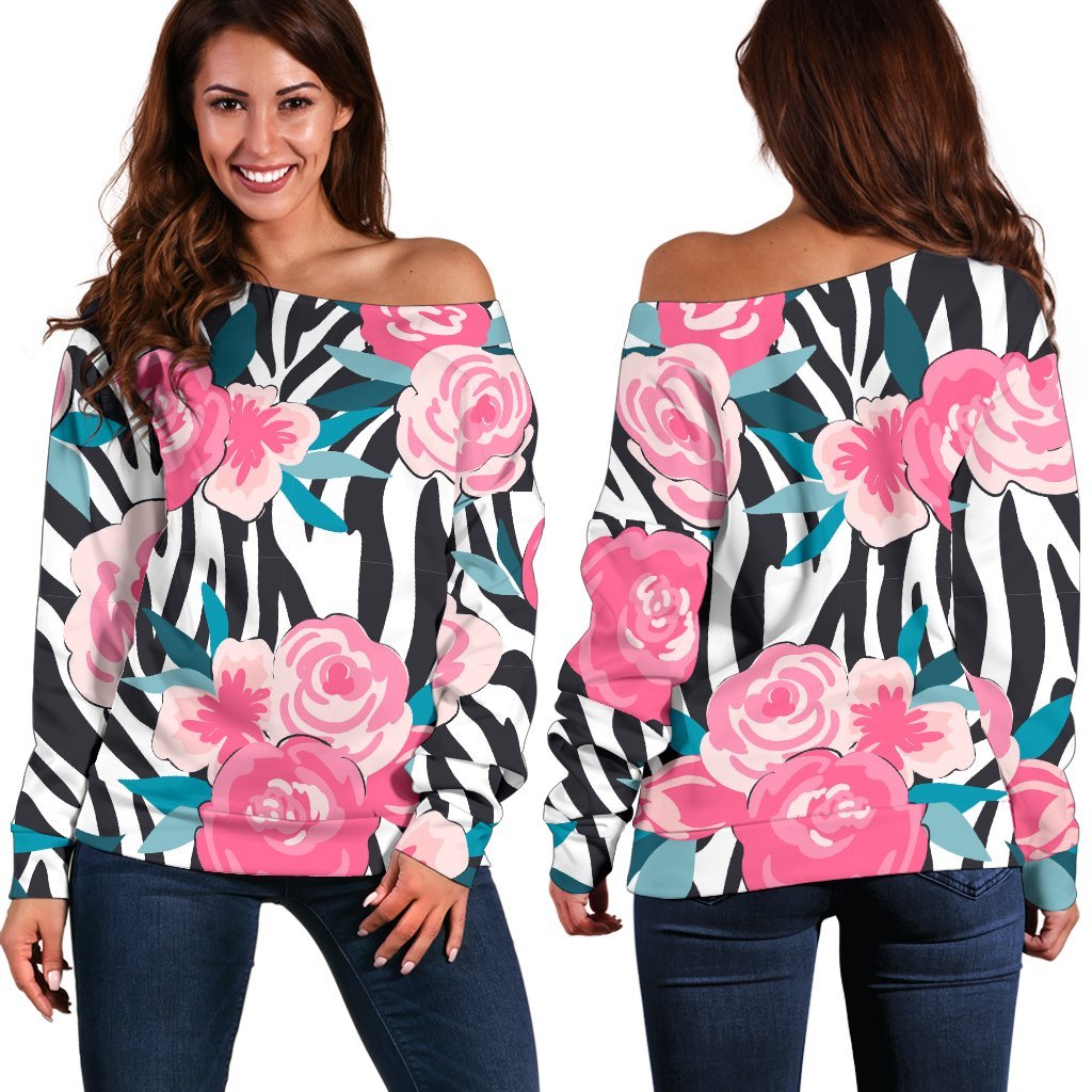 Black White Zebra Floral Pattern Print Off Shoulder Sweatshirt GearFrost