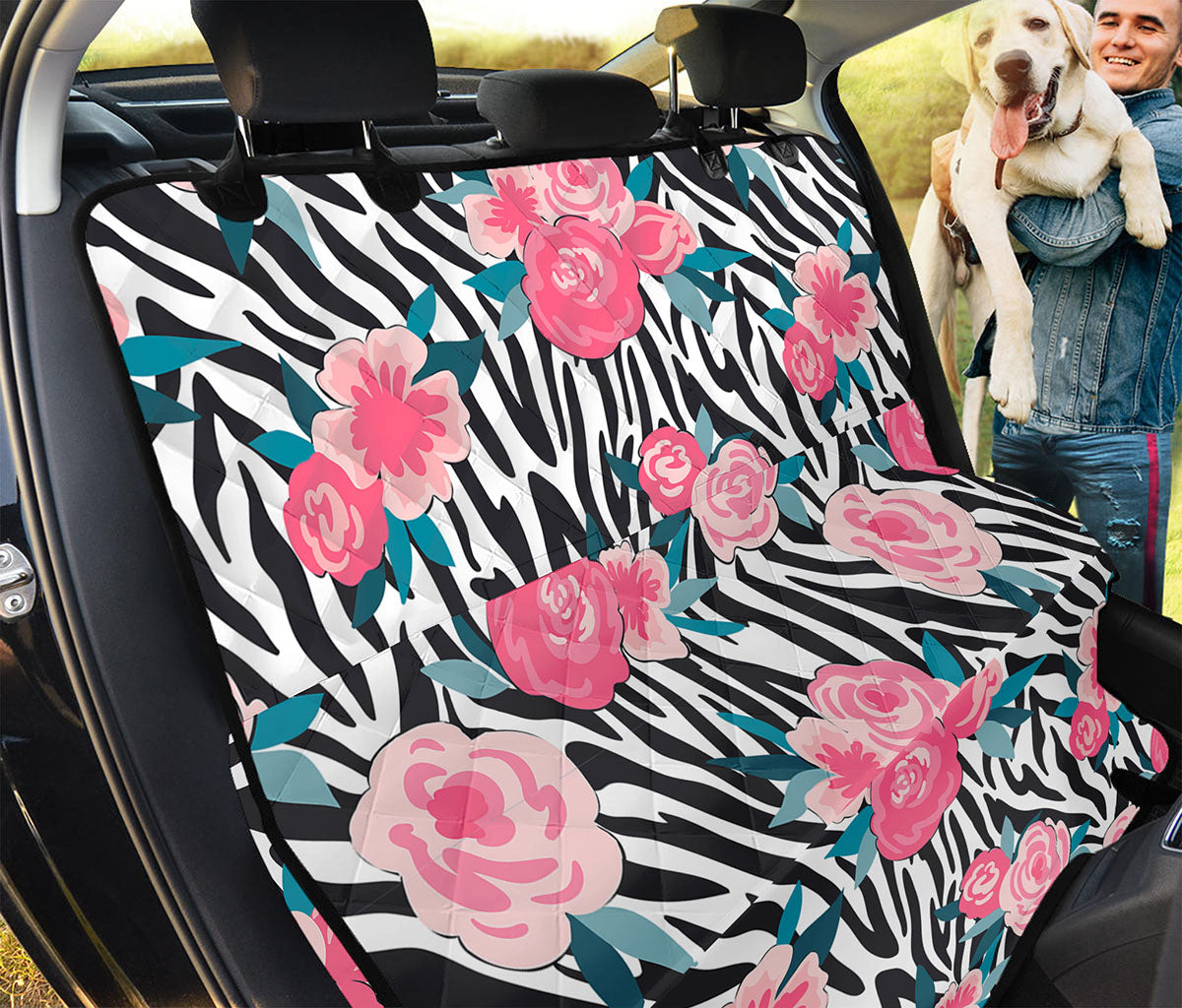 Black White Zebra Floral Pattern Print Pet Car Back Seat Cover