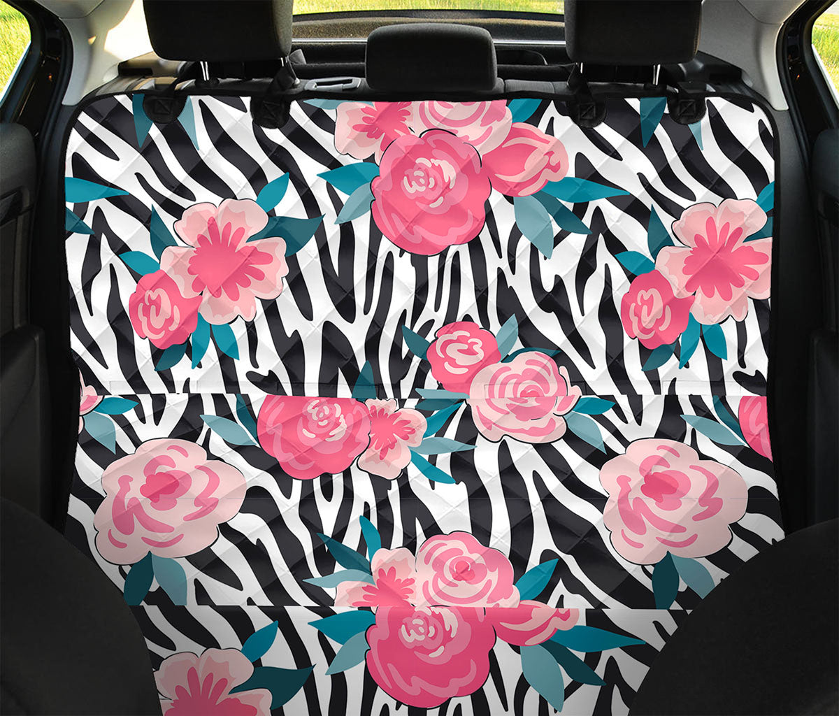 Black White Zebra Floral Pattern Print Pet Car Back Seat Cover