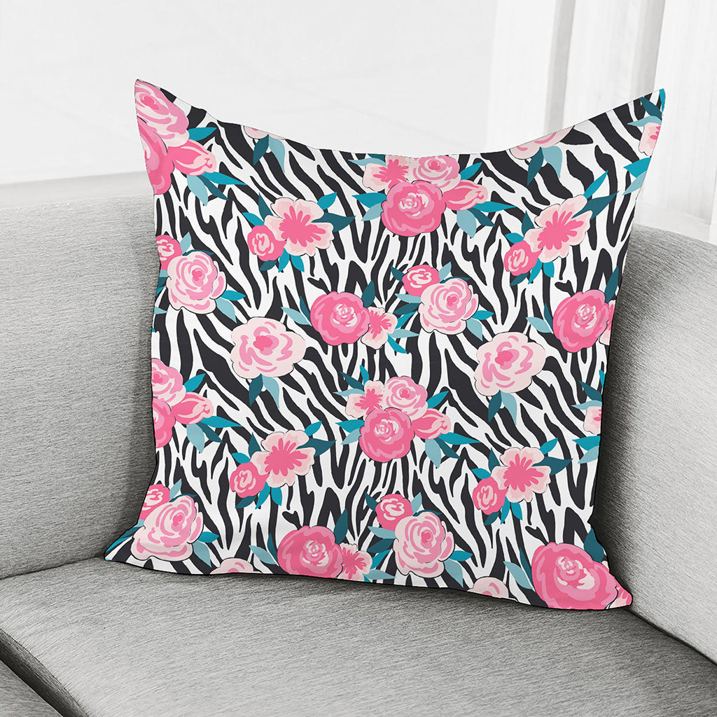 Black White Zebra Floral Pattern Print Pillow Cover