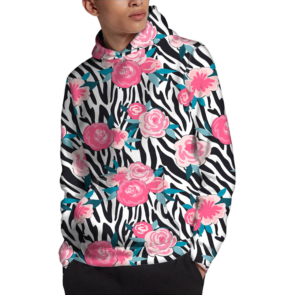 Black White Zebra Floral Pattern Print Pullover Hoodie