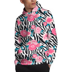 Black White Zebra Floral Pattern Print Pullover Hoodie