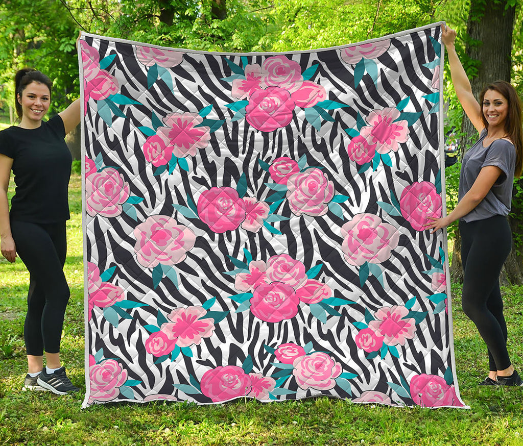 Black White Zebra Floral Pattern Print Quilt