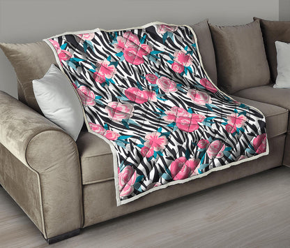 Black White Zebra Floral Pattern Print Quilt