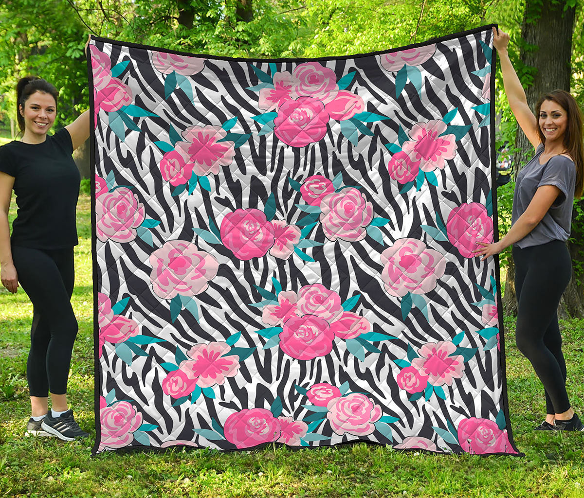 Black White Zebra Floral Pattern Print Quilt