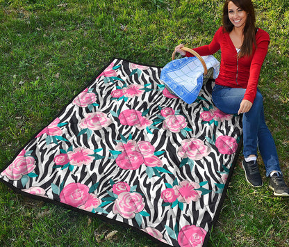 Black White Zebra Floral Pattern Print Quilt