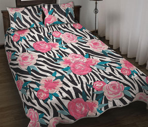 Black White Zebra Floral Pattern Print Quilt Bed Set