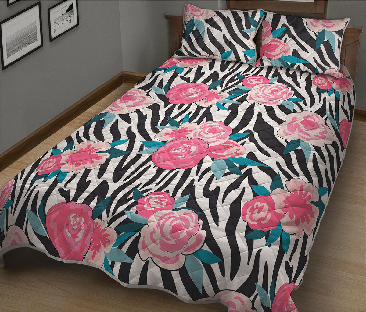 Black White Zebra Floral Pattern Print Quilt Bed Set