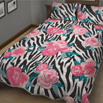 Black White Zebra Floral Pattern Print Quilt Bed Set