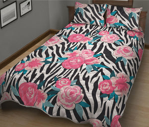 Black White Zebra Floral Pattern Print Quilt Bed Set