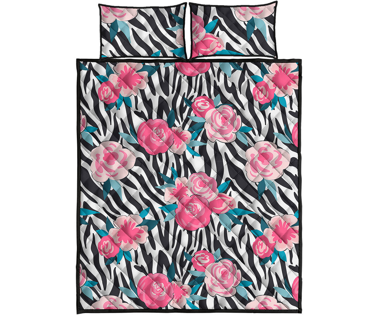 Black White Zebra Floral Pattern Print Quilt Bed Set