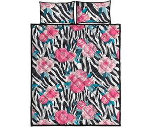 Black White Zebra Floral Pattern Print Quilt Bed Set