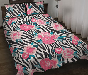 Black White Zebra Floral Pattern Print Quilt Bed Set