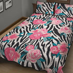 Black White Zebra Floral Pattern Print Quilt Bed Set