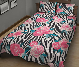 Black White Zebra Floral Pattern Print Quilt Bed Set