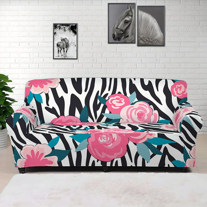 Black White Zebra Floral Pattern Print Sofa Cover