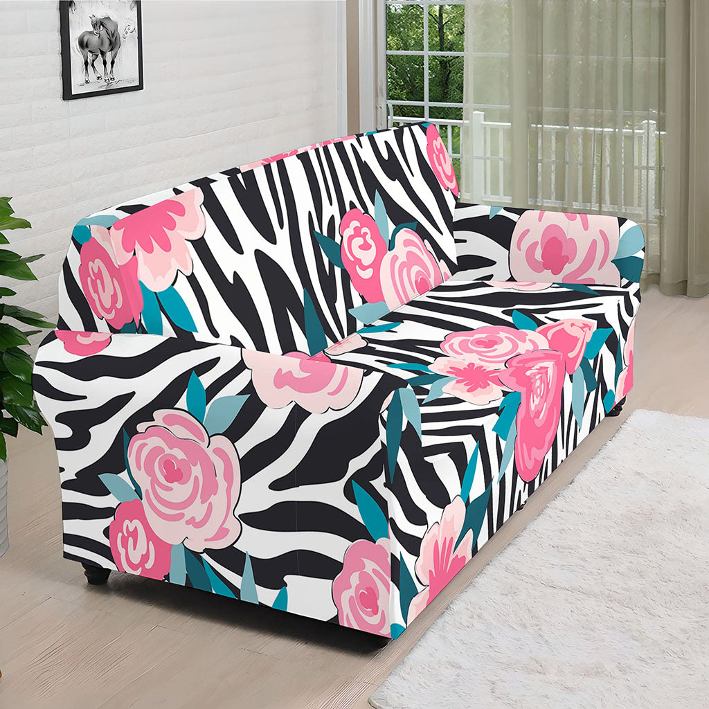 Black White Zebra Floral Pattern Print Sofa Cover