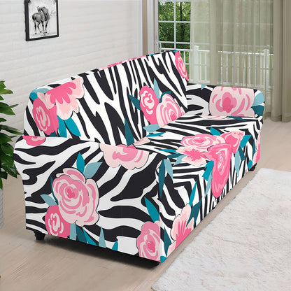 Black White Zebra Floral Pattern Print Sofa Cover
