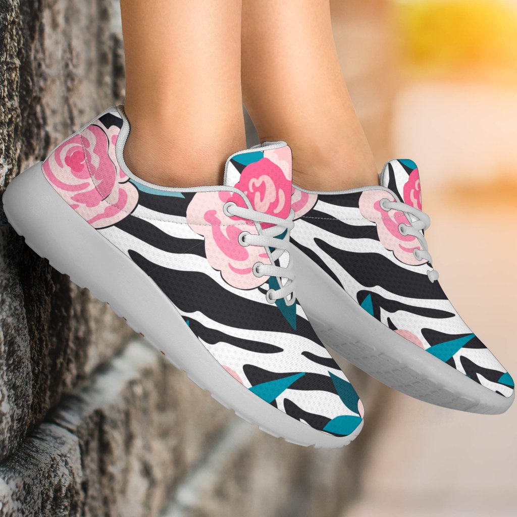 Black White Zebra Floral Pattern Print Sport Shoes GearFrost