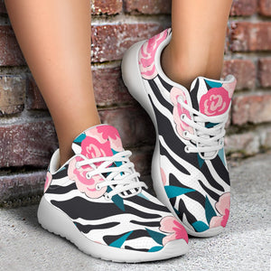 Black White Zebra Floral Pattern Print Sport Shoes GearFrost