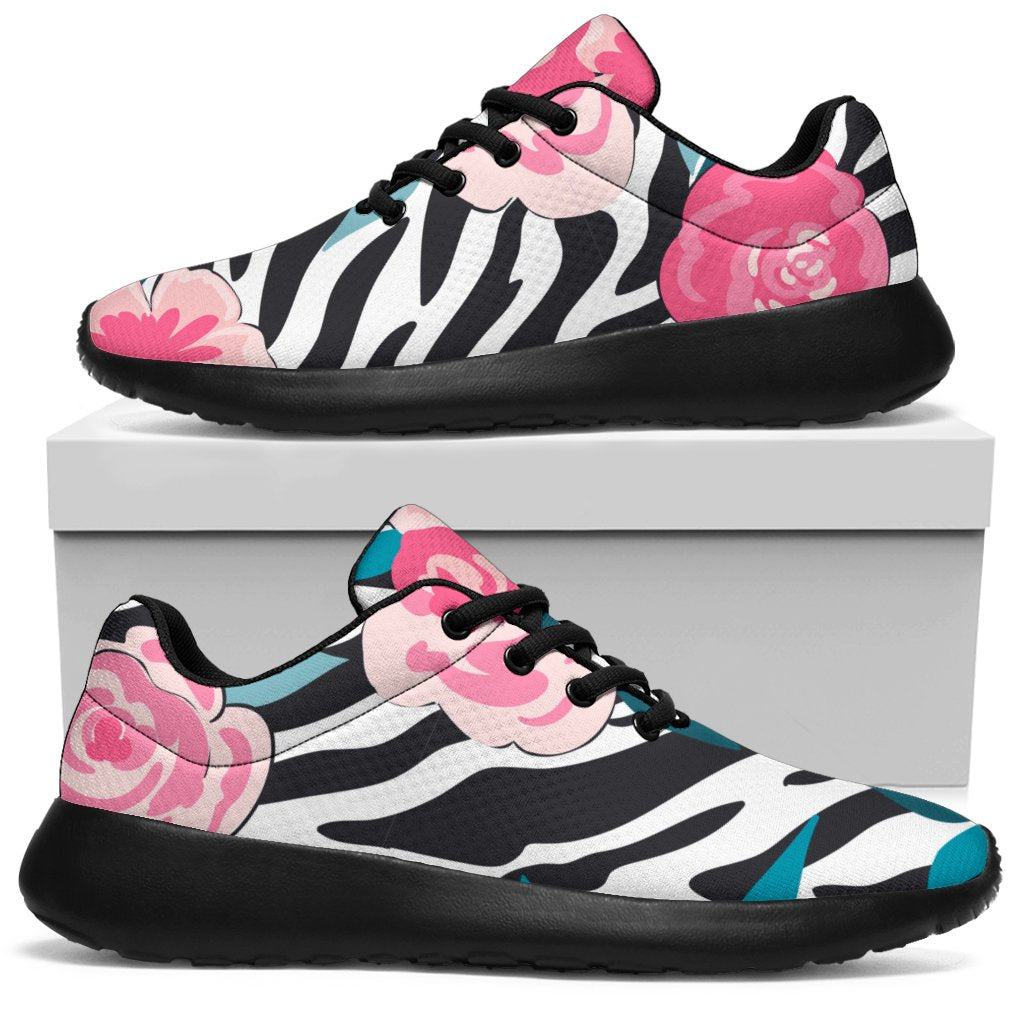 Black White Zebra Floral Pattern Print Sport Shoes GearFrost