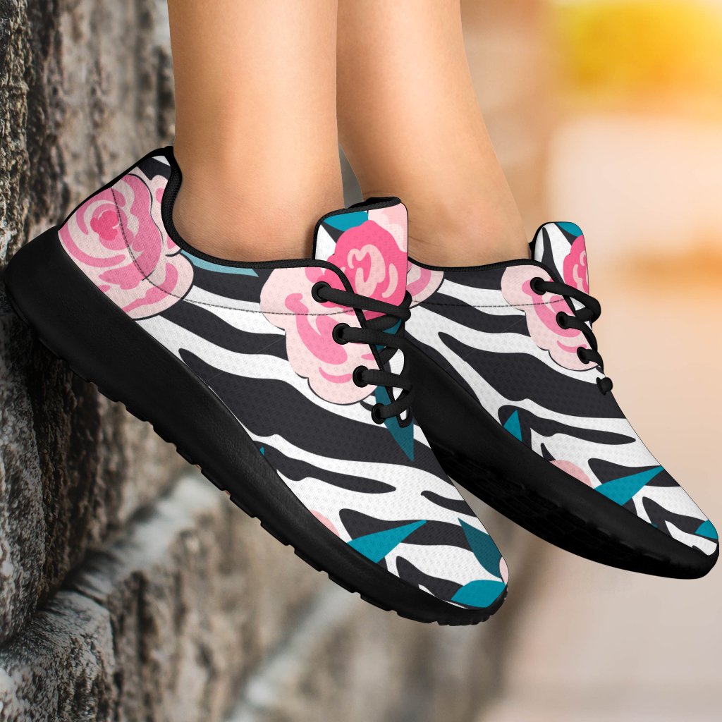 Black White Zebra Floral Pattern Print Sport Shoes GearFrost