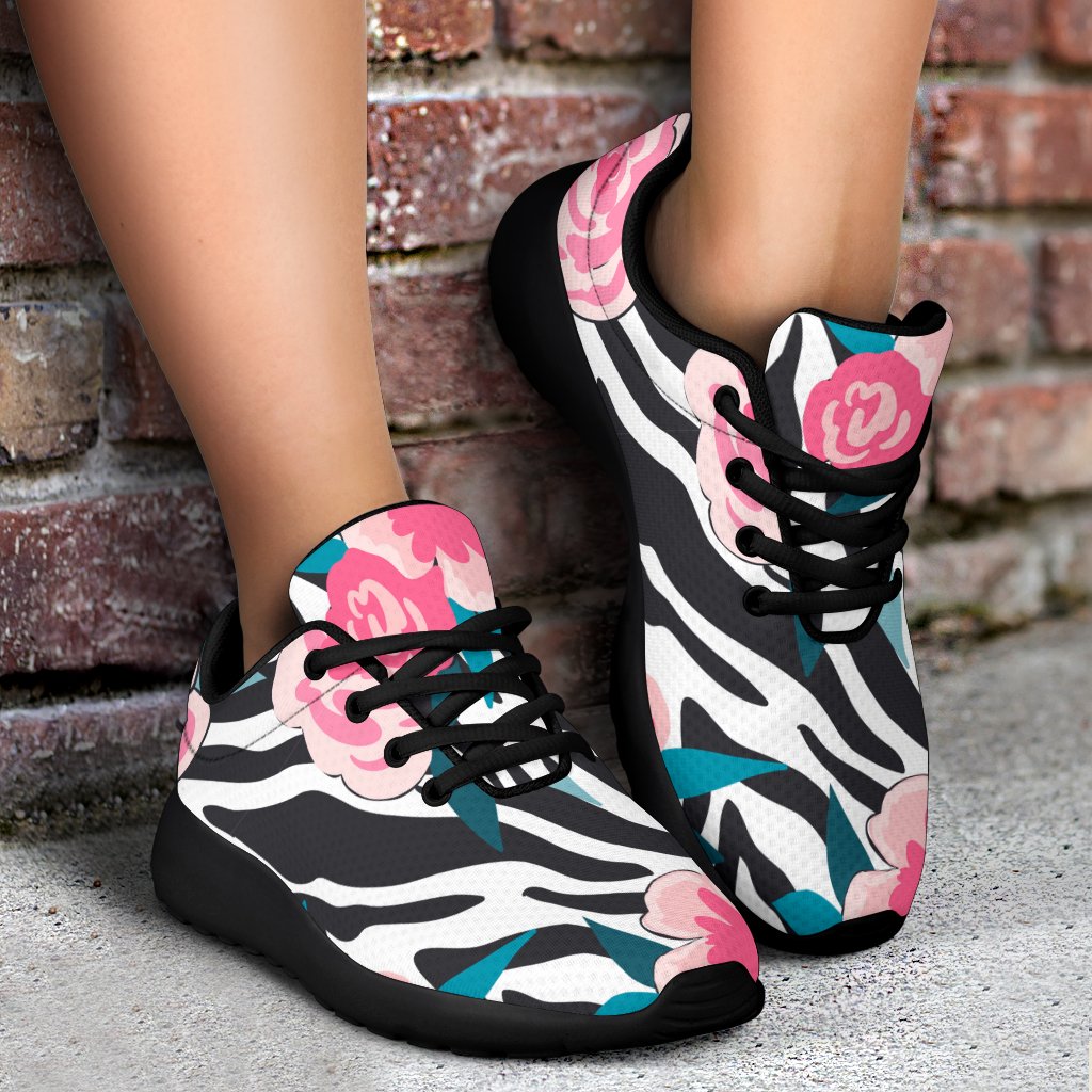 Black White Zebra Floral Pattern Print Sport Shoes GearFrost