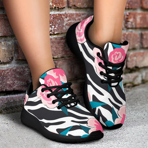 Black White Zebra Floral Pattern Print Sport Shoes GearFrost