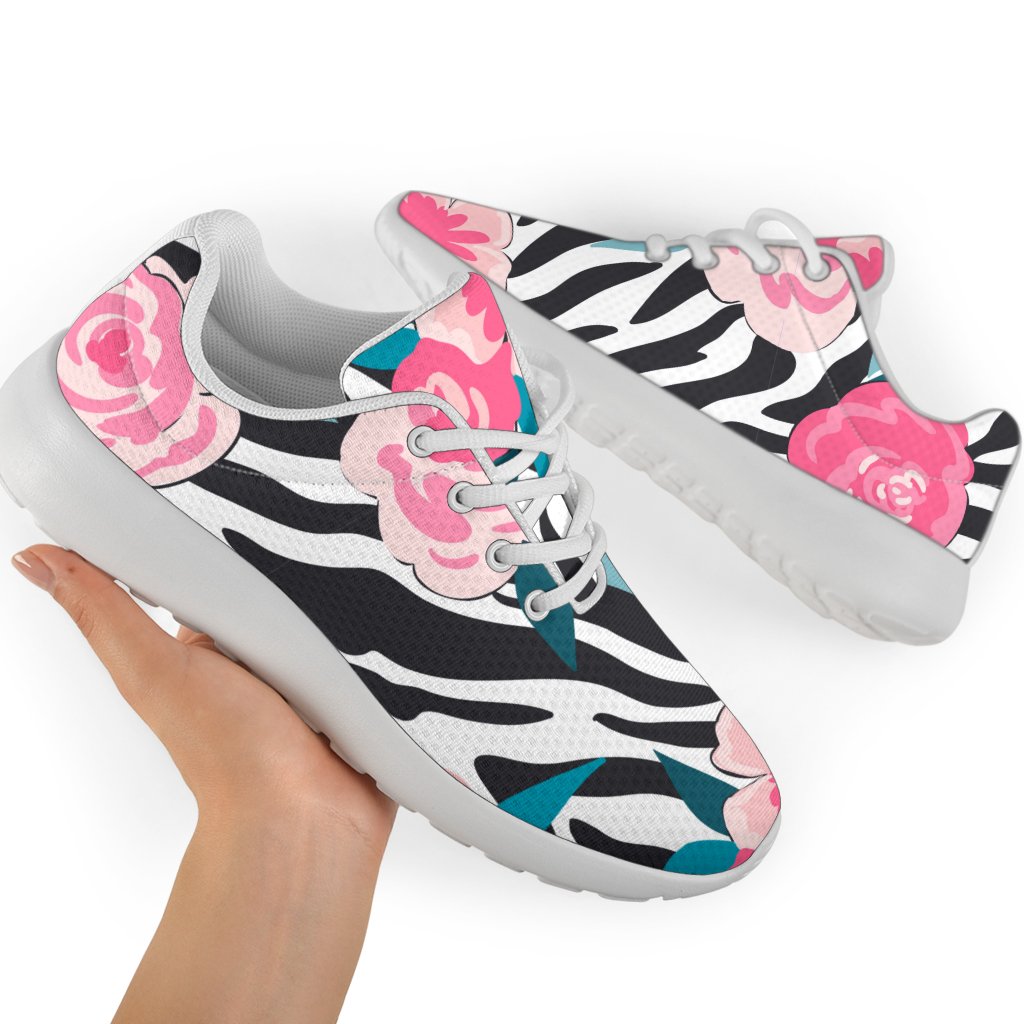 Black White Zebra Floral Pattern Print Sport Shoes GearFrost