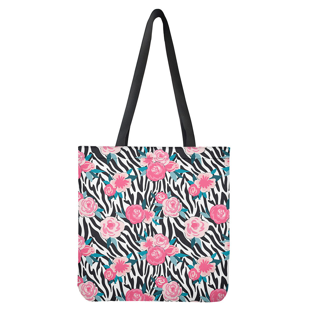 Black White Zebra Floral Pattern Print Tote Bag