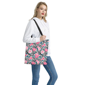 Black White Zebra Floral Pattern Print Tote Bag