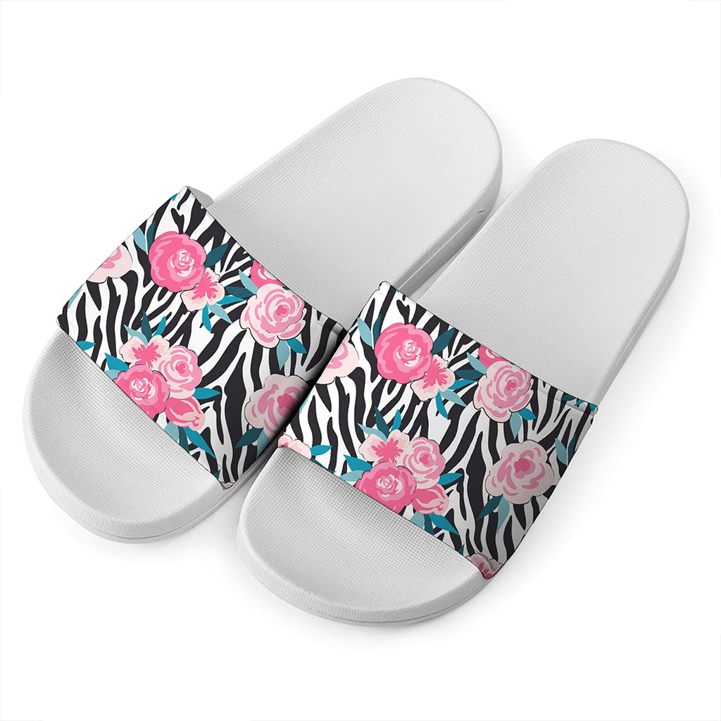 Black White Zebra Floral Pattern Print White Slide Sandals