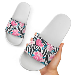 Black White Zebra Floral Pattern Print White Slide Sandals