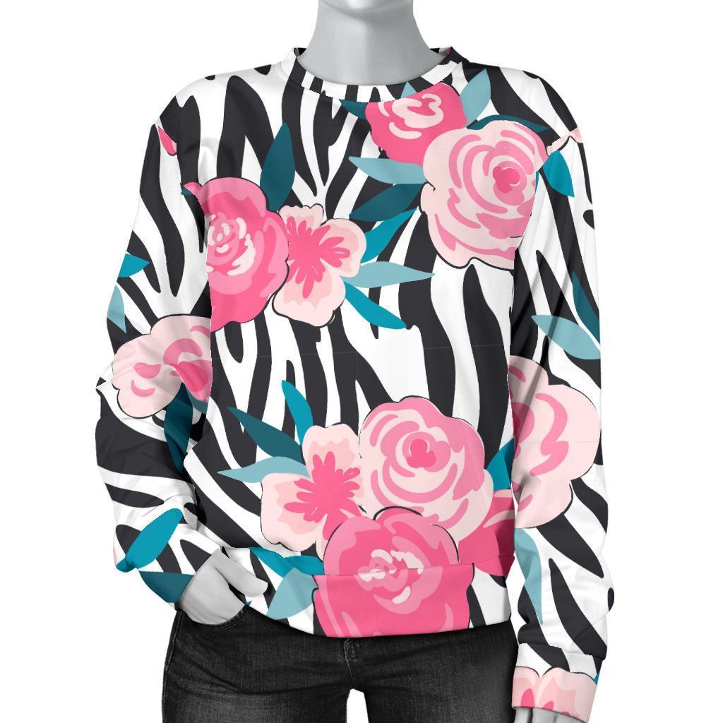 Black White Zebra Floral Pattern Print Women's Crewneck Sweatshirt GearFrost